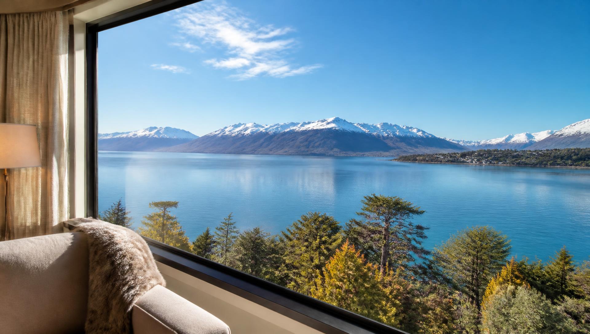 Blue sky view over the Beagle Channel from a Beagle Suites lookout window